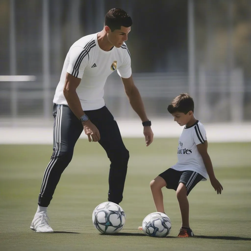 Cristiano Ronaldo Jr. tập luyện cùng bố Ronaldo