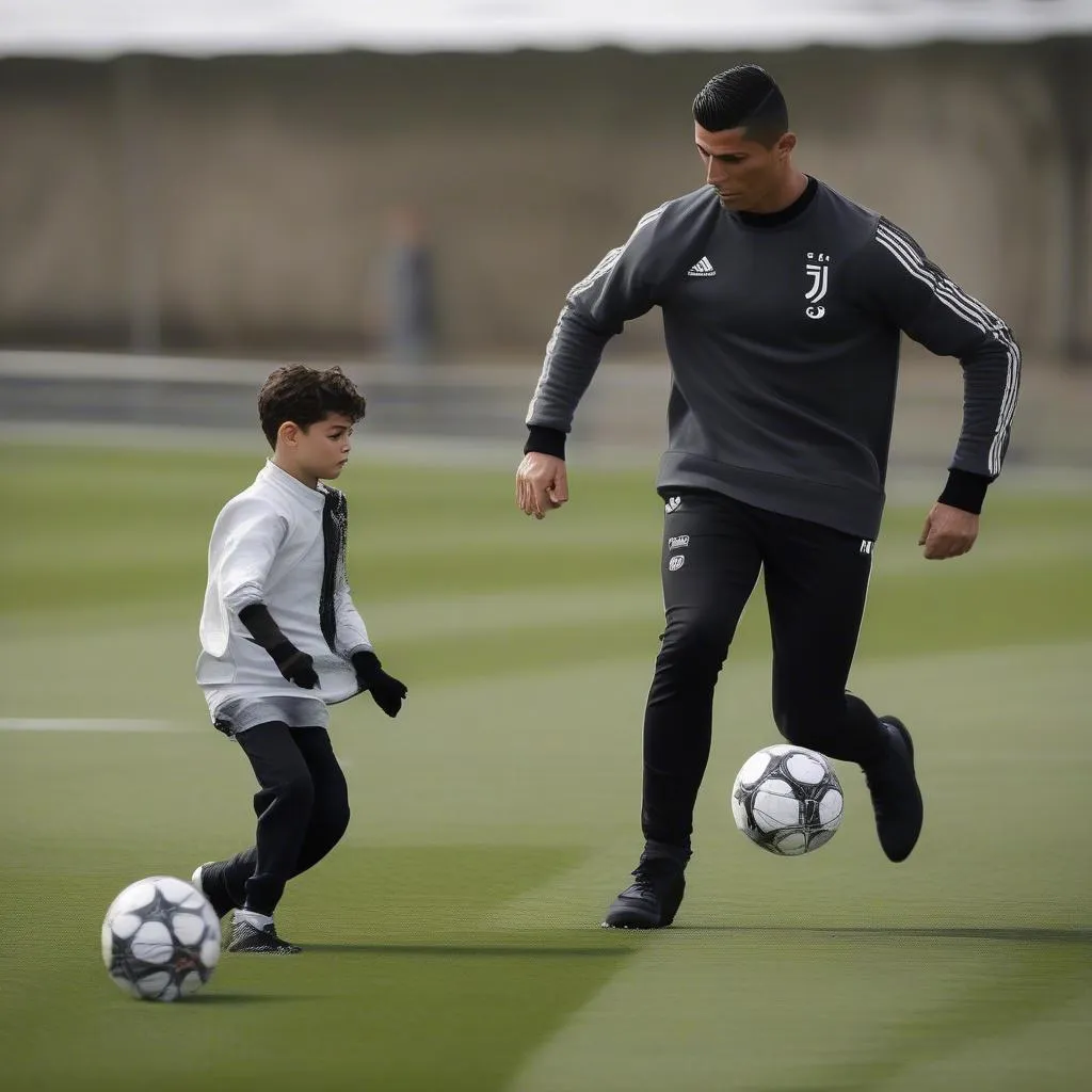 Cristiano Ronaldo Jr luyện tập bóng đá cùng bố mình