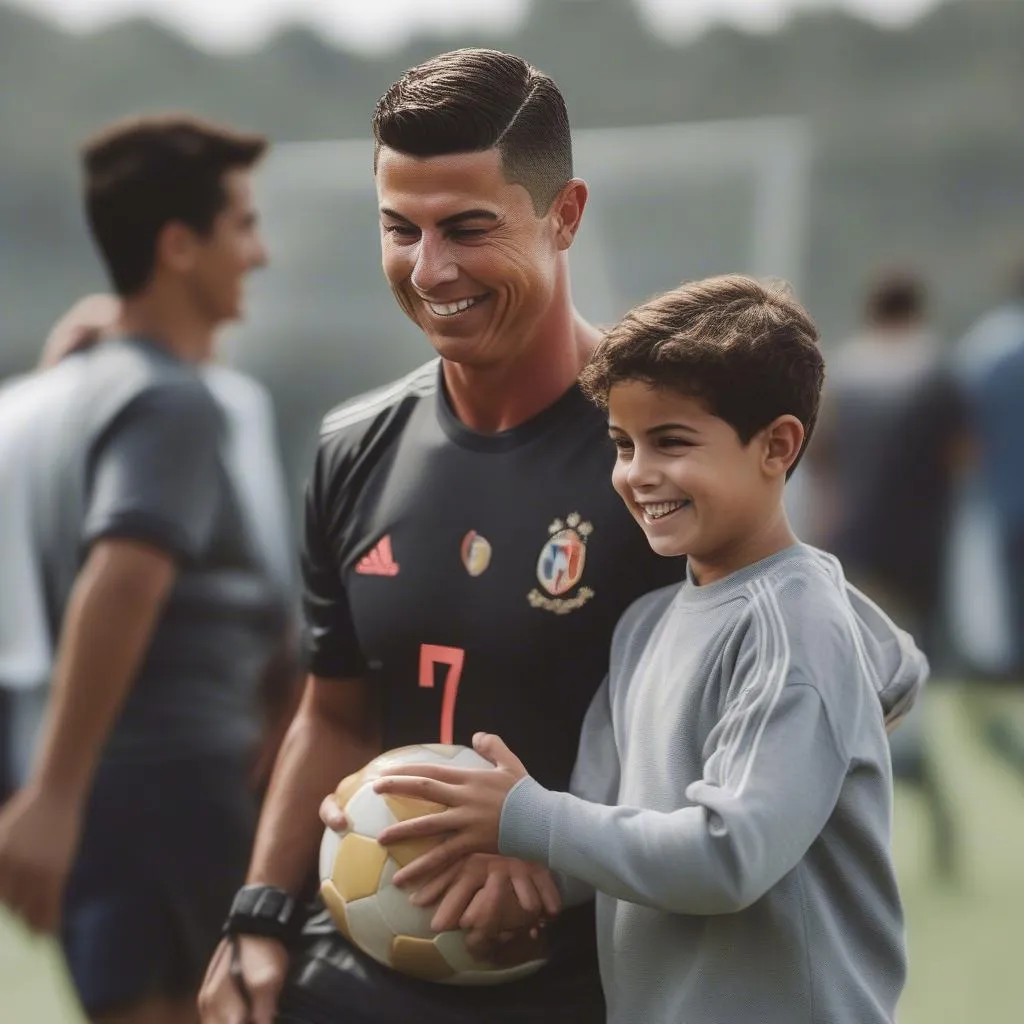 Hình ảnh Ronaldo Jr. và bố Cristiano Ronaldo cùng nhau chơi bóng