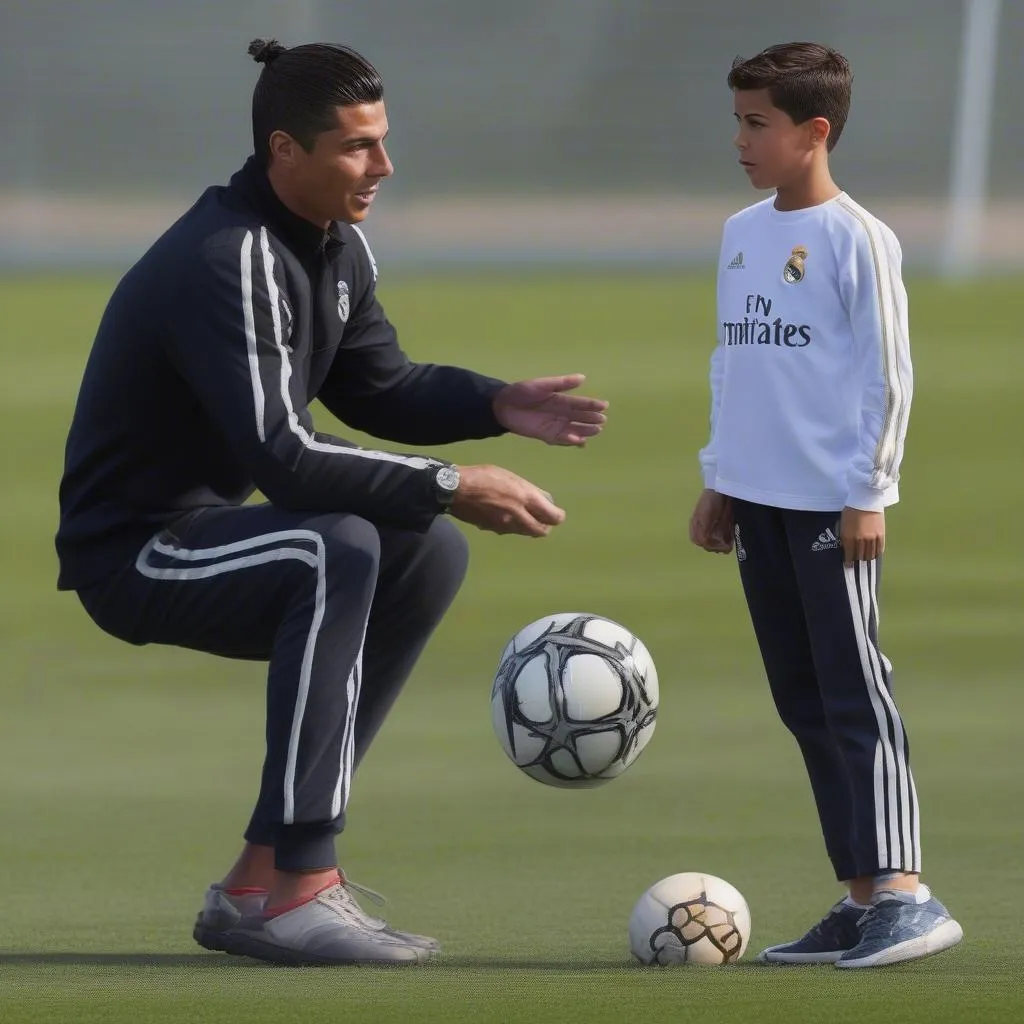 Cristiano Ronaldo Jr cùng bố trên sân tập