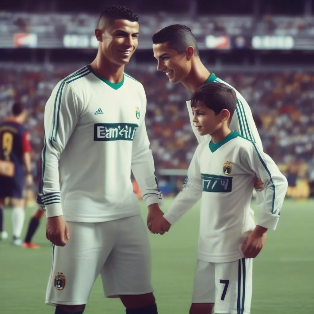 Hình ảnh Ronaldo Junior và Cristiano Ronaldo trên sân bóng, cả hai cùng diện áo đấu, thể hiện sự kết nối cha con trong bóng đá.