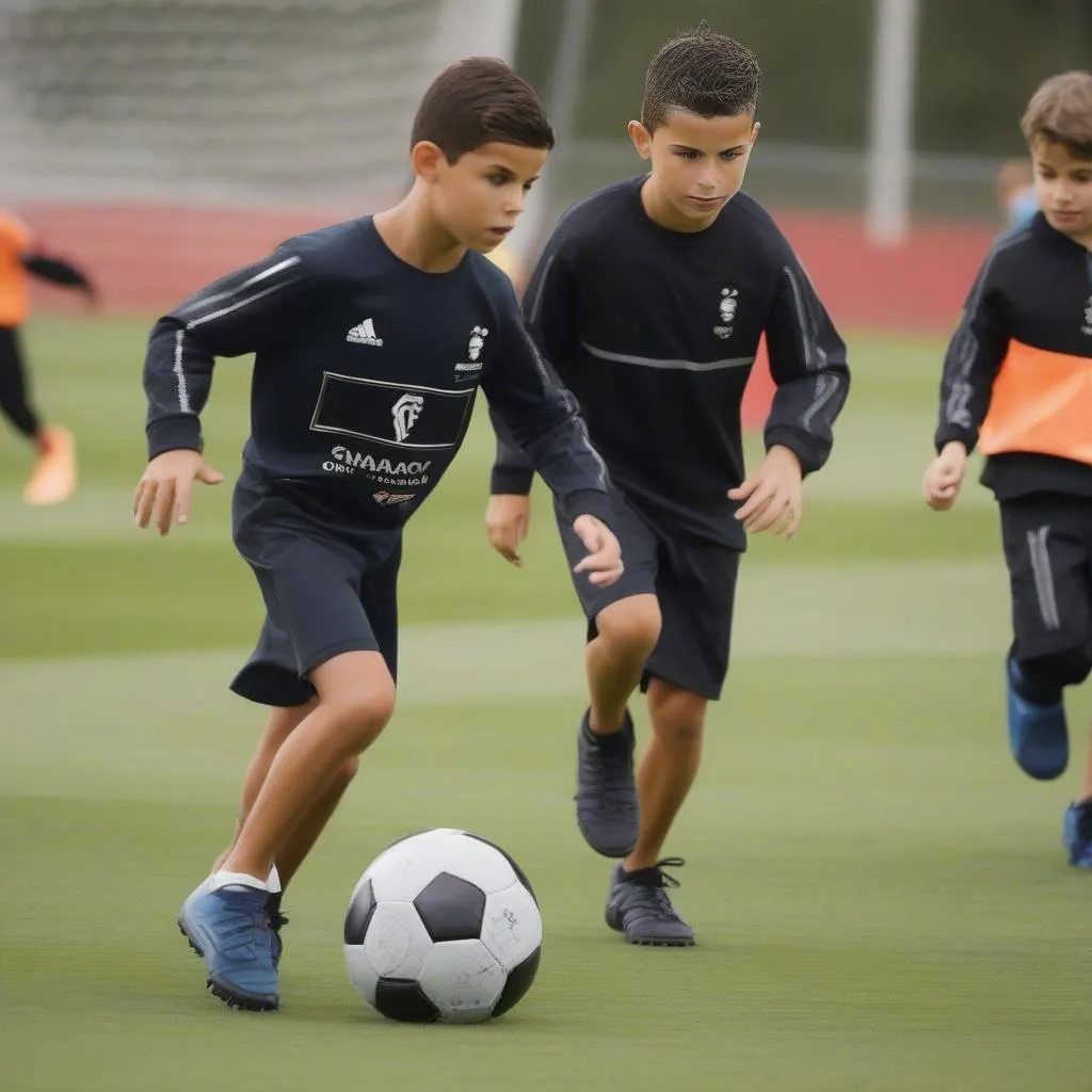 Cristiano Ronaldo Junior tập luyện bóng đá