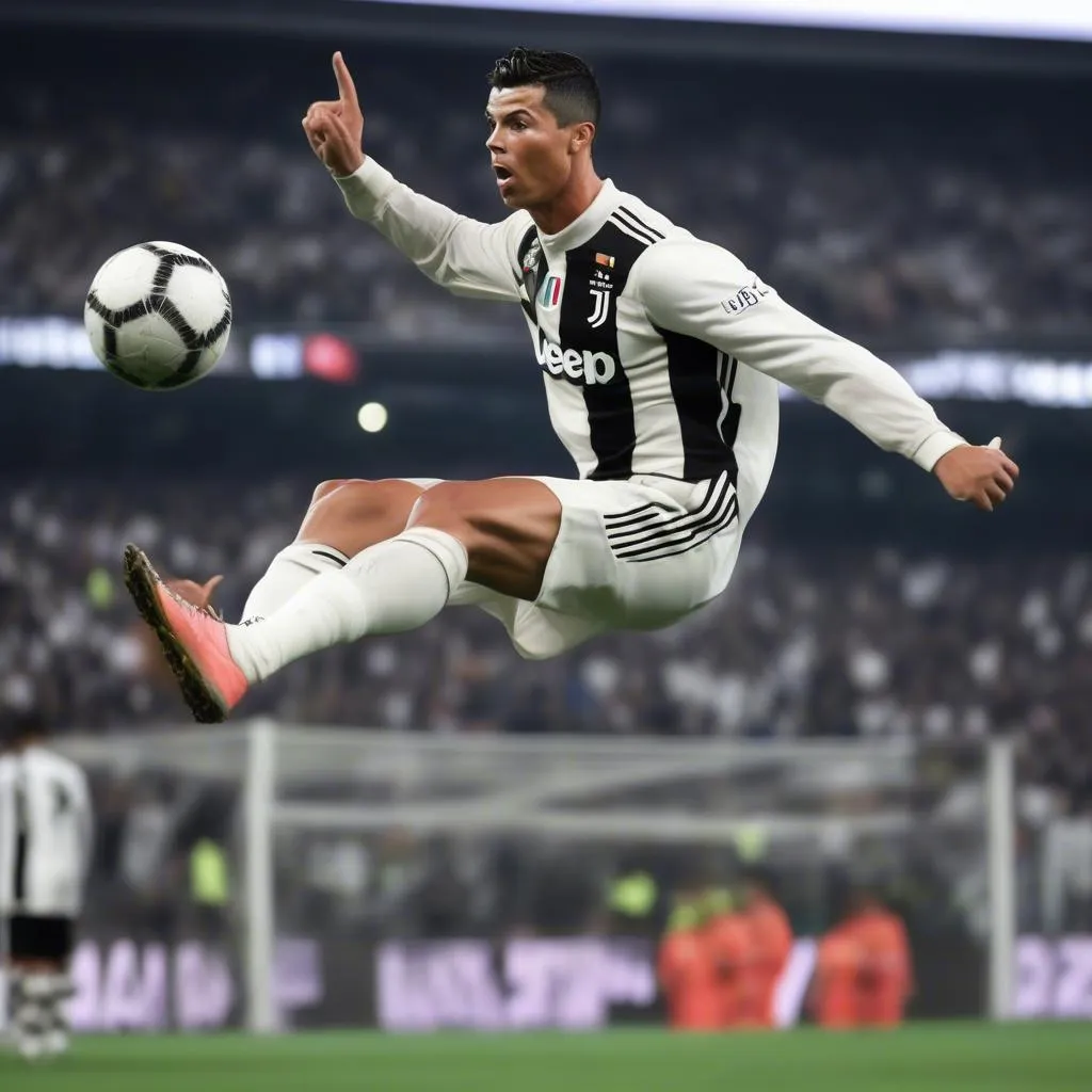 Cristiano Ronaldo thực hiện cú nhảy bật người trong trận đấu Juventus vs Real Madrid năm 2018