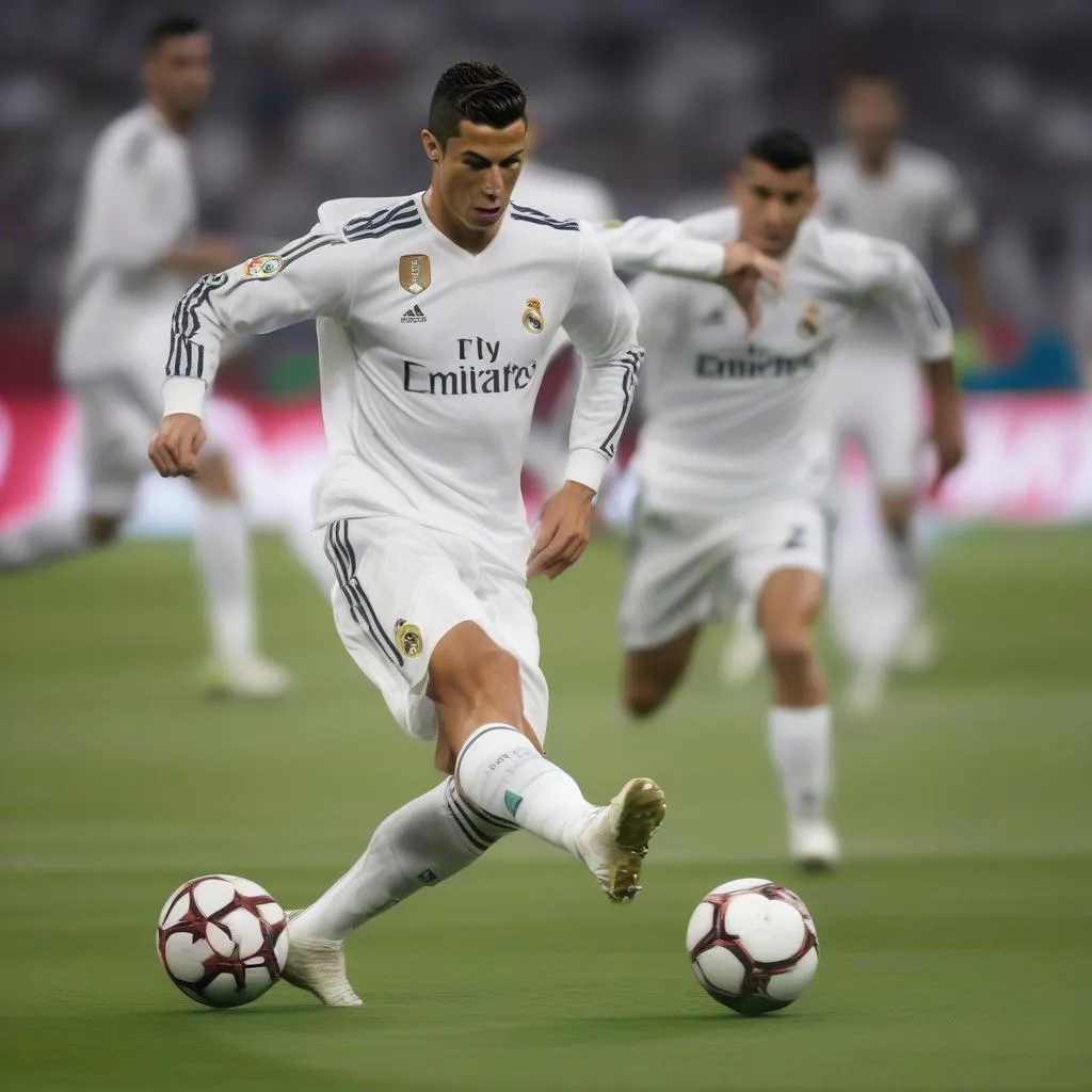 Cristiano Ronaldo thực hiện kỹ thuật đi bóng trong một trận đấu