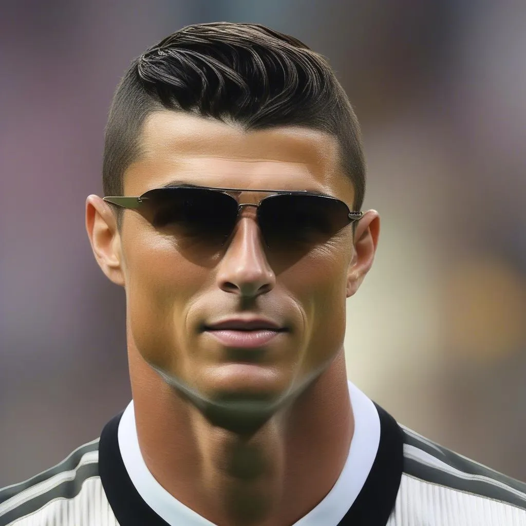 Ronaldo with a short hairstyle and a slicked-back fringe, showcasing a strong and masculine look