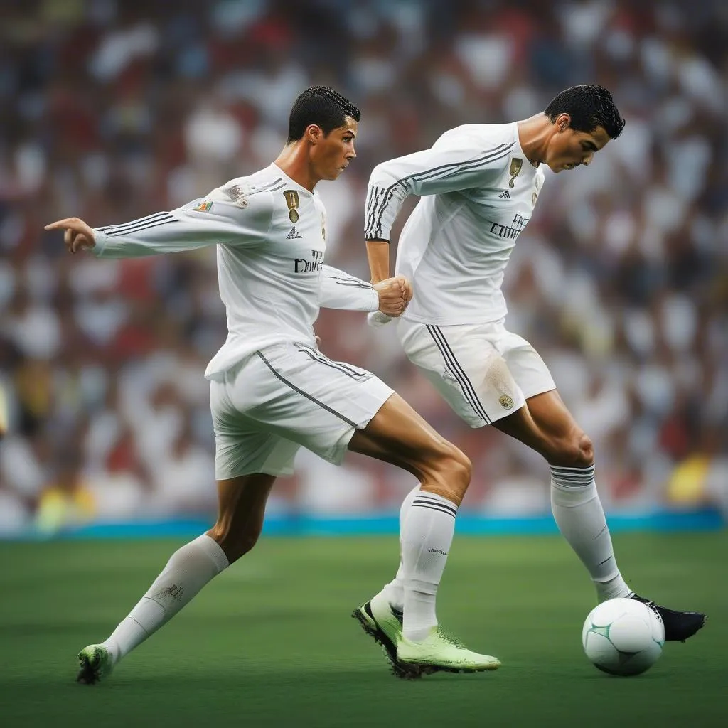 Cristiano Ronaldo engaging in an intense duel with a defender