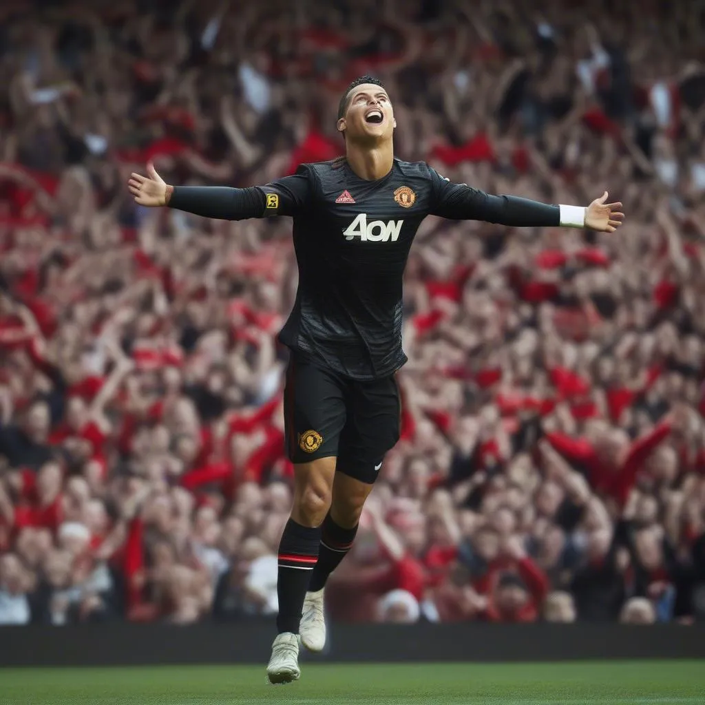 Cristiano Ronaldo celebrating a goal for Manchester United at Old Trafford