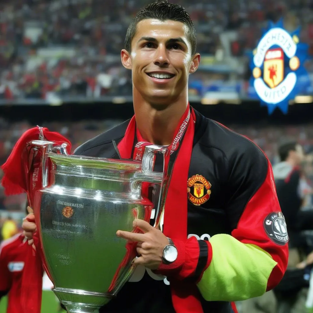 Ronaldo nâng cao chiếc cúp Champions League cùng Manchester United năm 2008