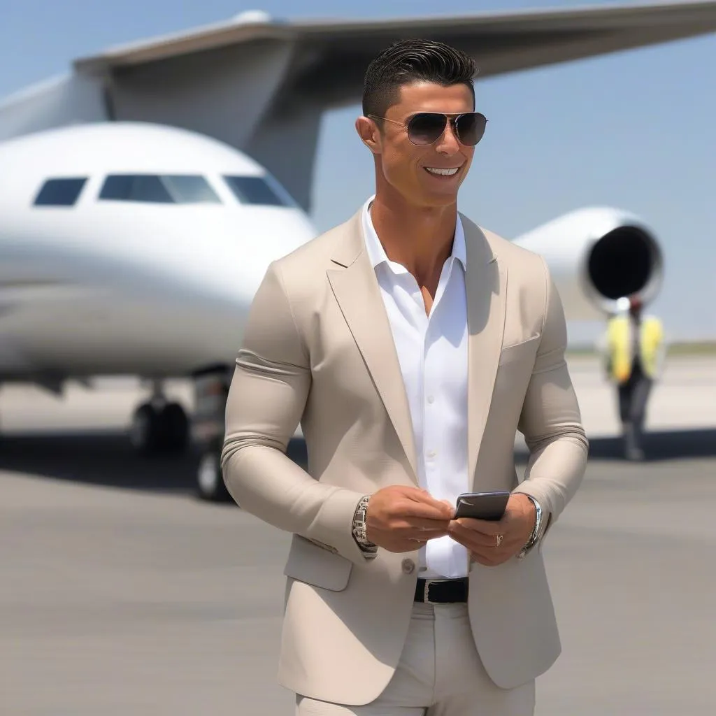 Ronaldo trên máy bay riêng tại sân bay