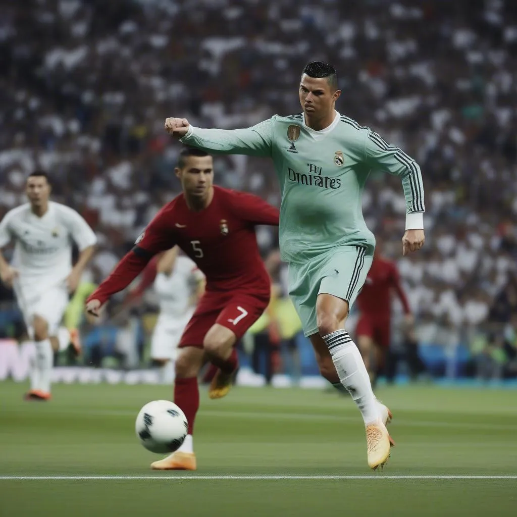 Ronaldo đang thực hiện một cú sút bóng với tốc độ cực nhanh, tạo nên một khoảnh khắc đầy kịch tính trên sân cỏ