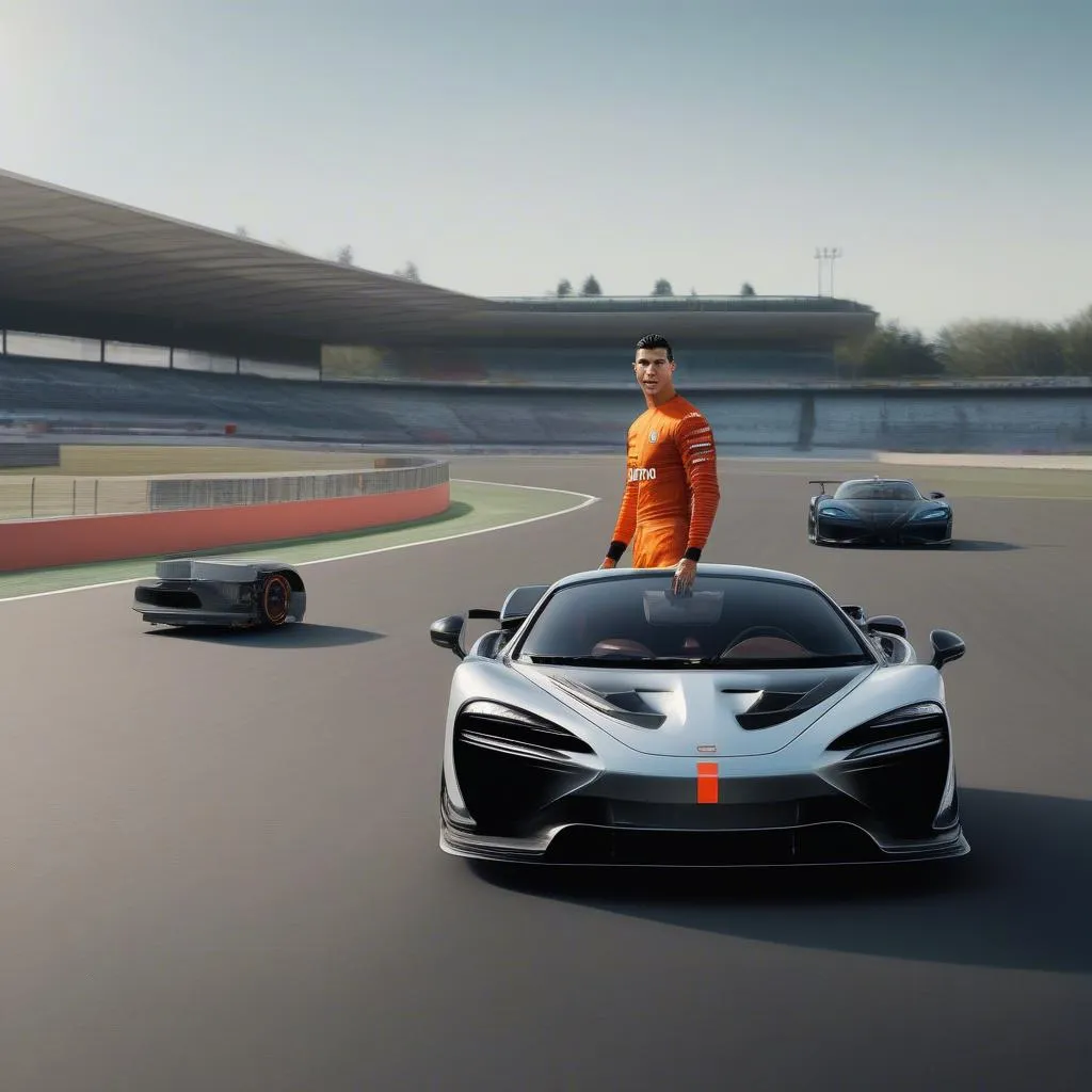 Cristiano Ronaldo trên sân bóng và McLaren Senna trên đường đua - hai biểu tượng của tốc độ, kỹ thuật và sự đẳng cấp