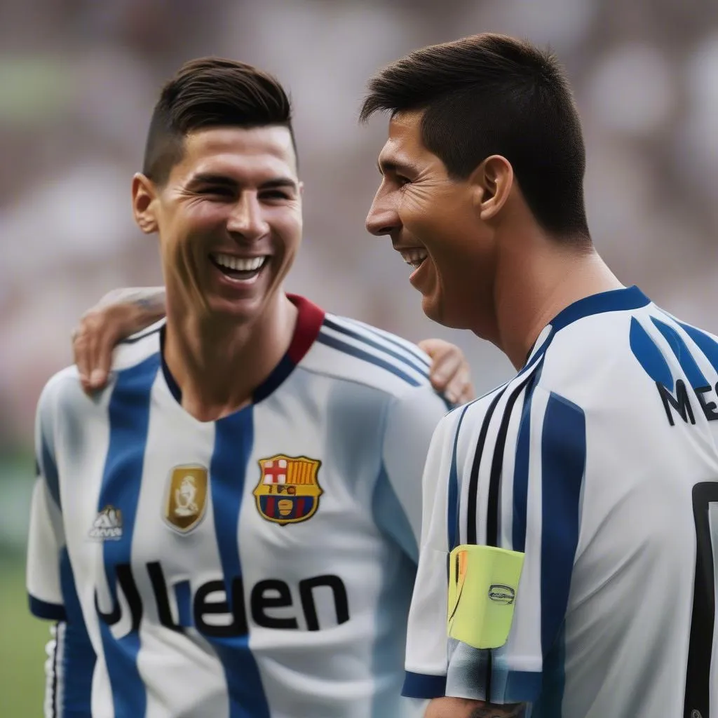 Ronaldo và Messi cười trêu nhau trong một trận đấu