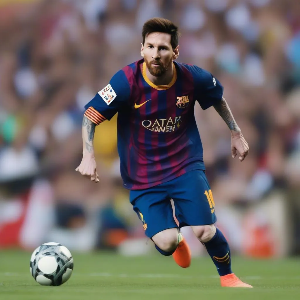 Hình ảnh Lionel Messi trong màu áo Barcelona, thể hiện kỹ thuật đi bóng và khả năng kiến tạo đỉnh cao