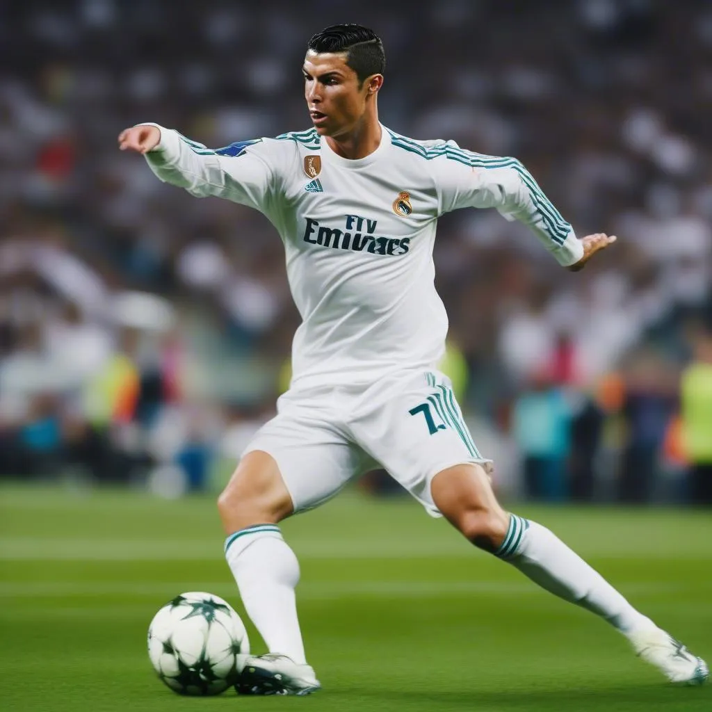 Hình ảnh Cristiano Ronaldo trong màu áo Real Madrid, thể hiện sức mạnh và kỹ năng ghi bàn ấn tượng