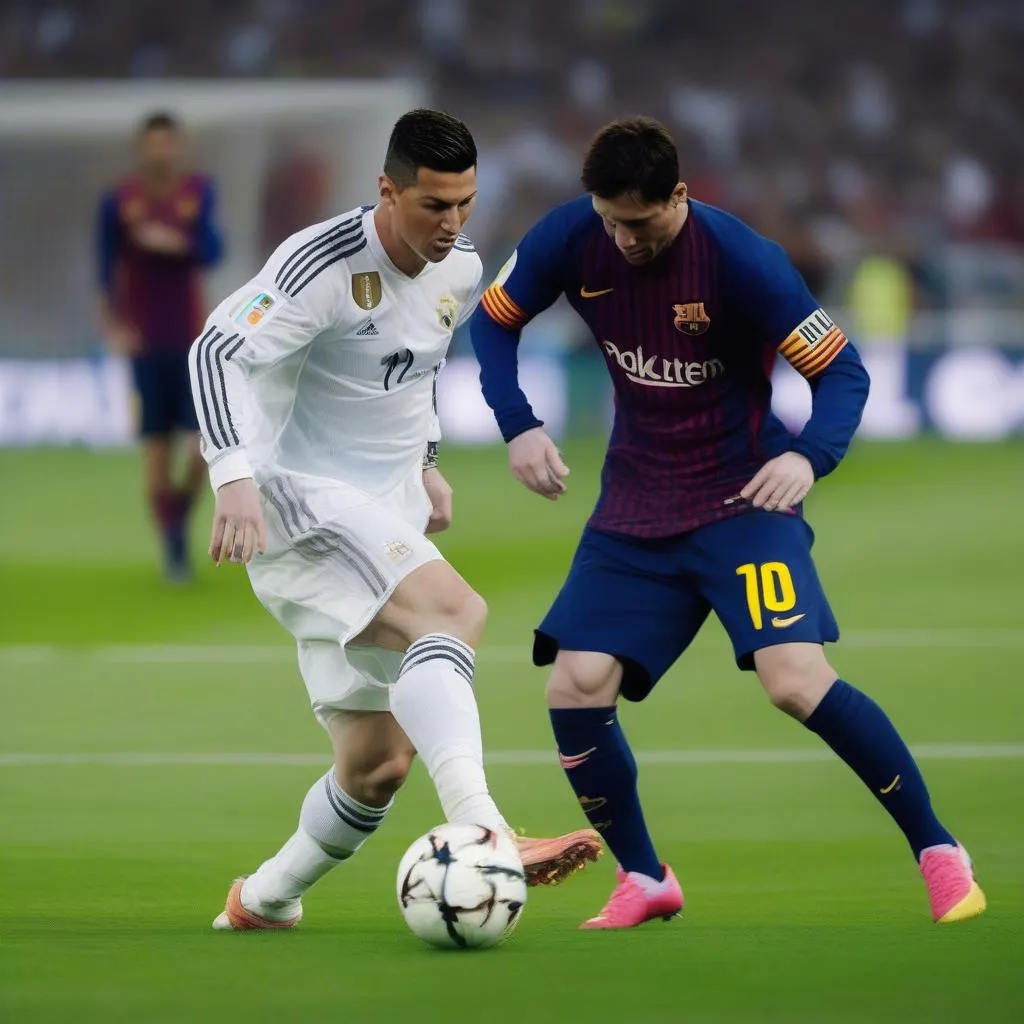 Hình ảnh Ronaldo và Messi thể hiện hai phong cách chơi bóng đối lập, Ronaldo với sức mạnh và tốc độ, Messi với kỹ thuật điêu luyện