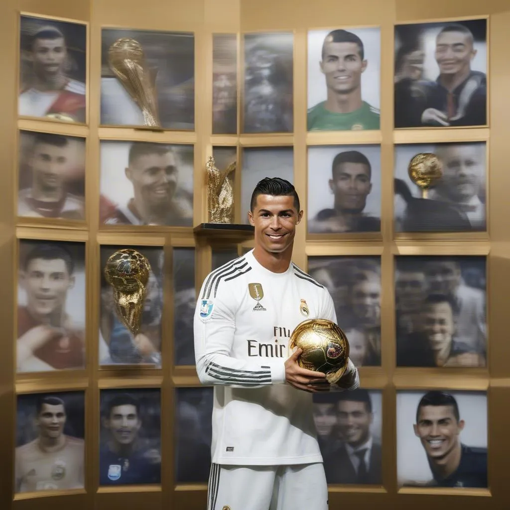 Hình ảnh Cristiano Ronaldo nâng cao Quả Bóng Vàng FIFA