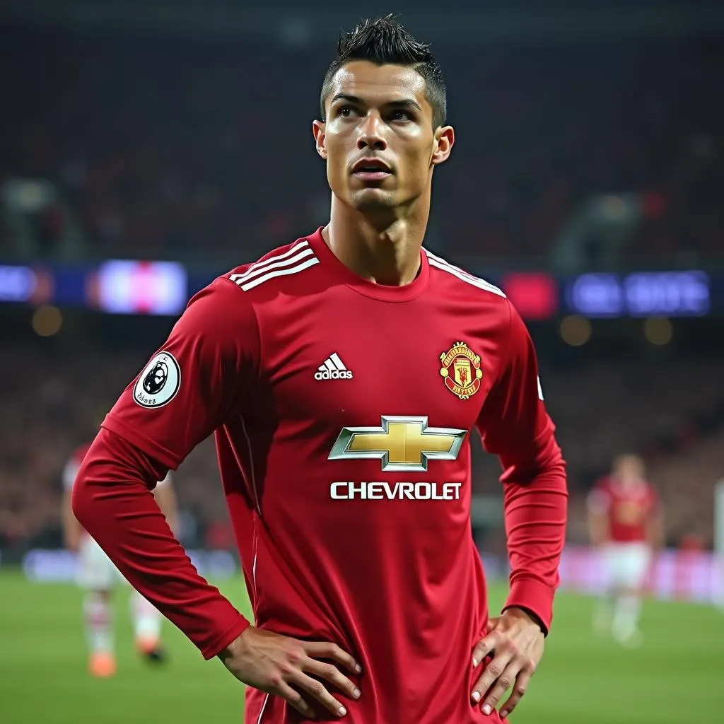 Ronaldo MU trong chiếc áo C.C trên sân khấu Champions League