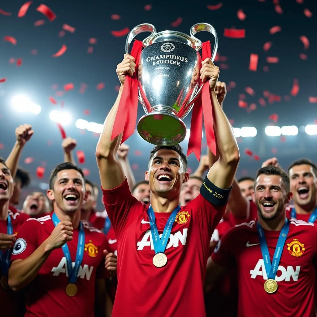 Ronaldo nâng cao chiếc cup Champions League cùng đồng đội Manchester United