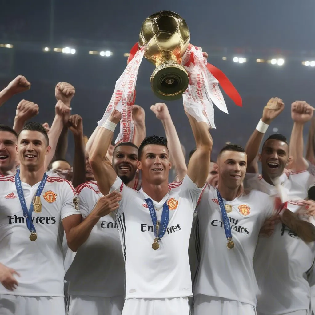 Cristiano Ronaldo celebrate with the Manchester United trophy