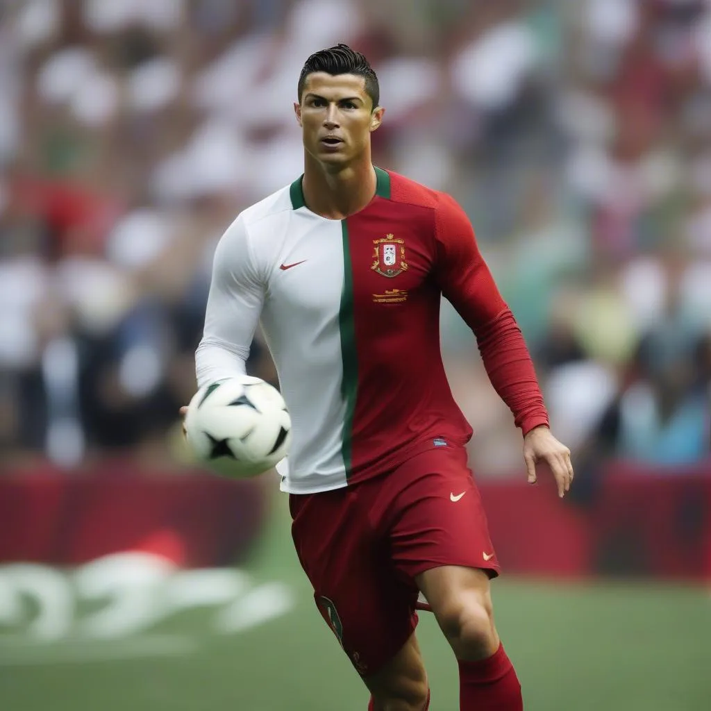 Ronaldo trong trang phục thi đấu của đội tuyển Bồ Đào Nha