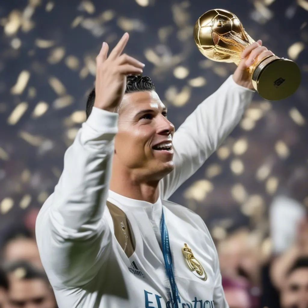 Hình ảnh Ronaldo nâng cao quả bóng vàng năm 2017