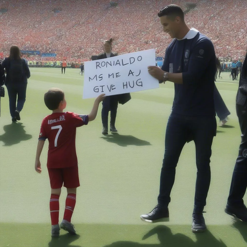 Ronaldo ôm fan nhỏ tuổi