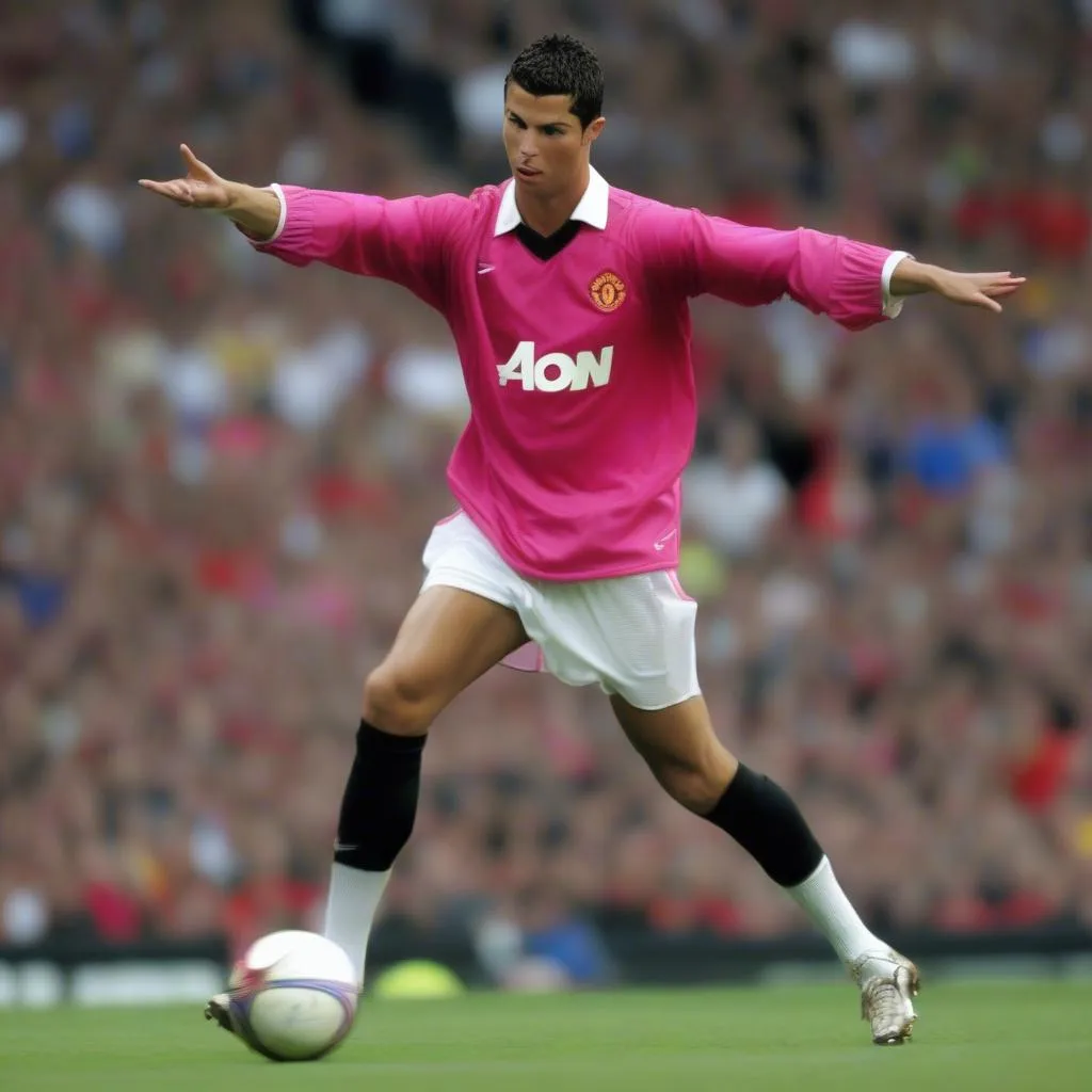 Ronaldo với chiếc quần short hồng trong thời gian thi đấu cho Manchester United