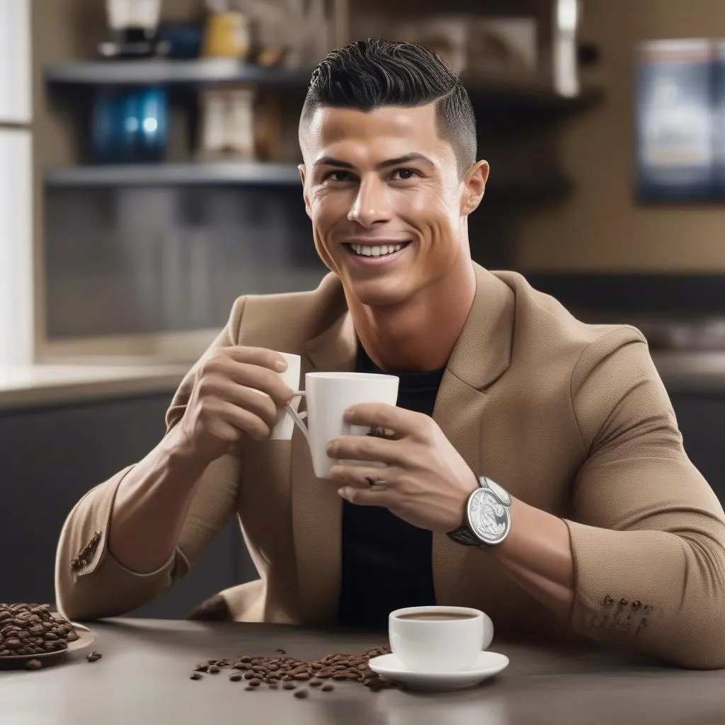 Cristiano Ronaldo quảng cáo Rạng cà phê, hình ảnh Ronaldo với ly cà phê Rạng