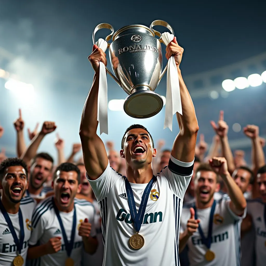 Cristiano Ronaldo lifts the Champions League trophy with Real Madrid