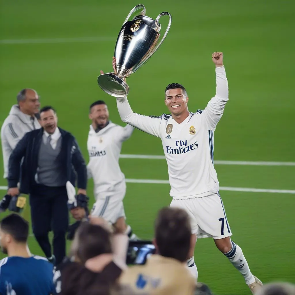 Ronaldo ăn mừng chiến thắng của Real Madrid ở Champions League