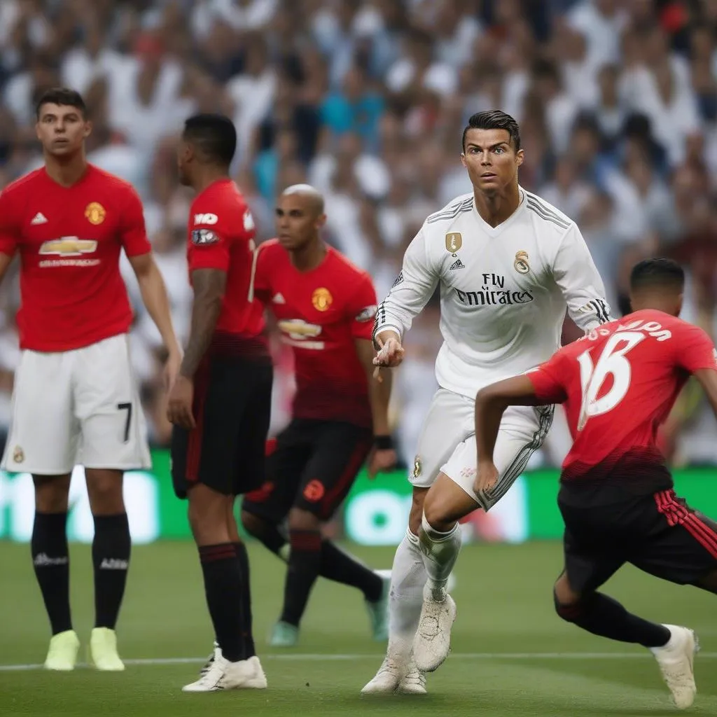 Cristiano Ronaldo celebrating a goal for Real Madrid, while Manchester United players look on in disappointment