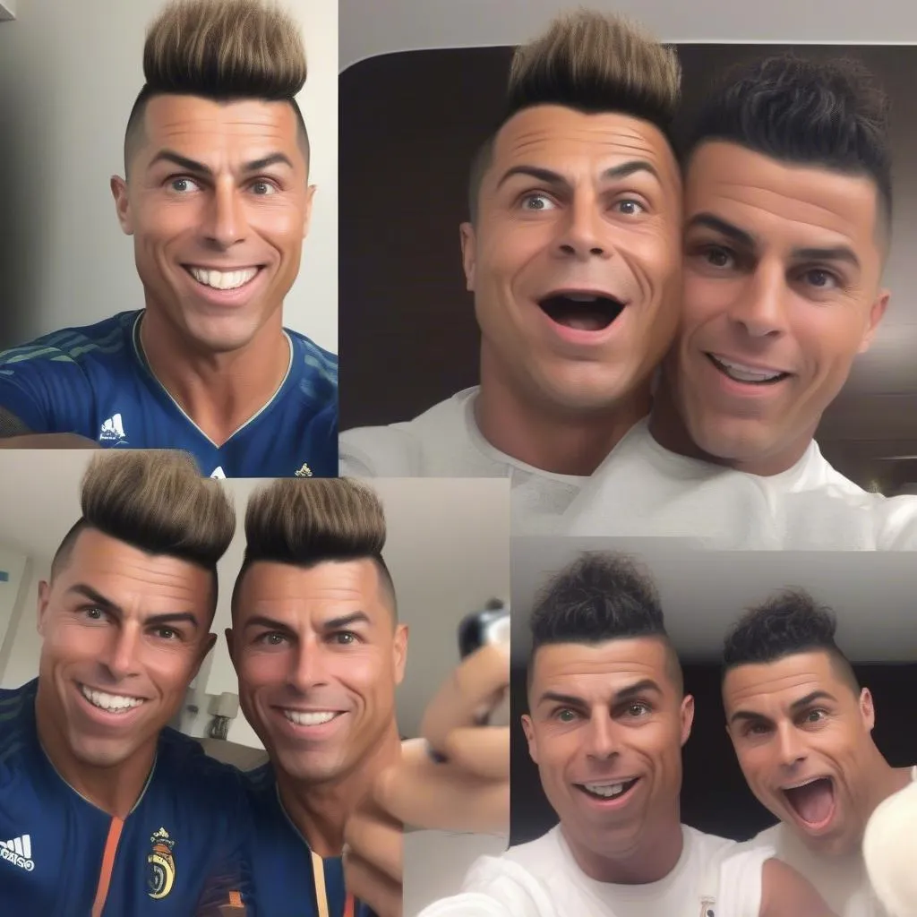 Ronaldo selfie với kiểu tóc độc đáo, biểu cảm hài hước, ảnh vui nhộn