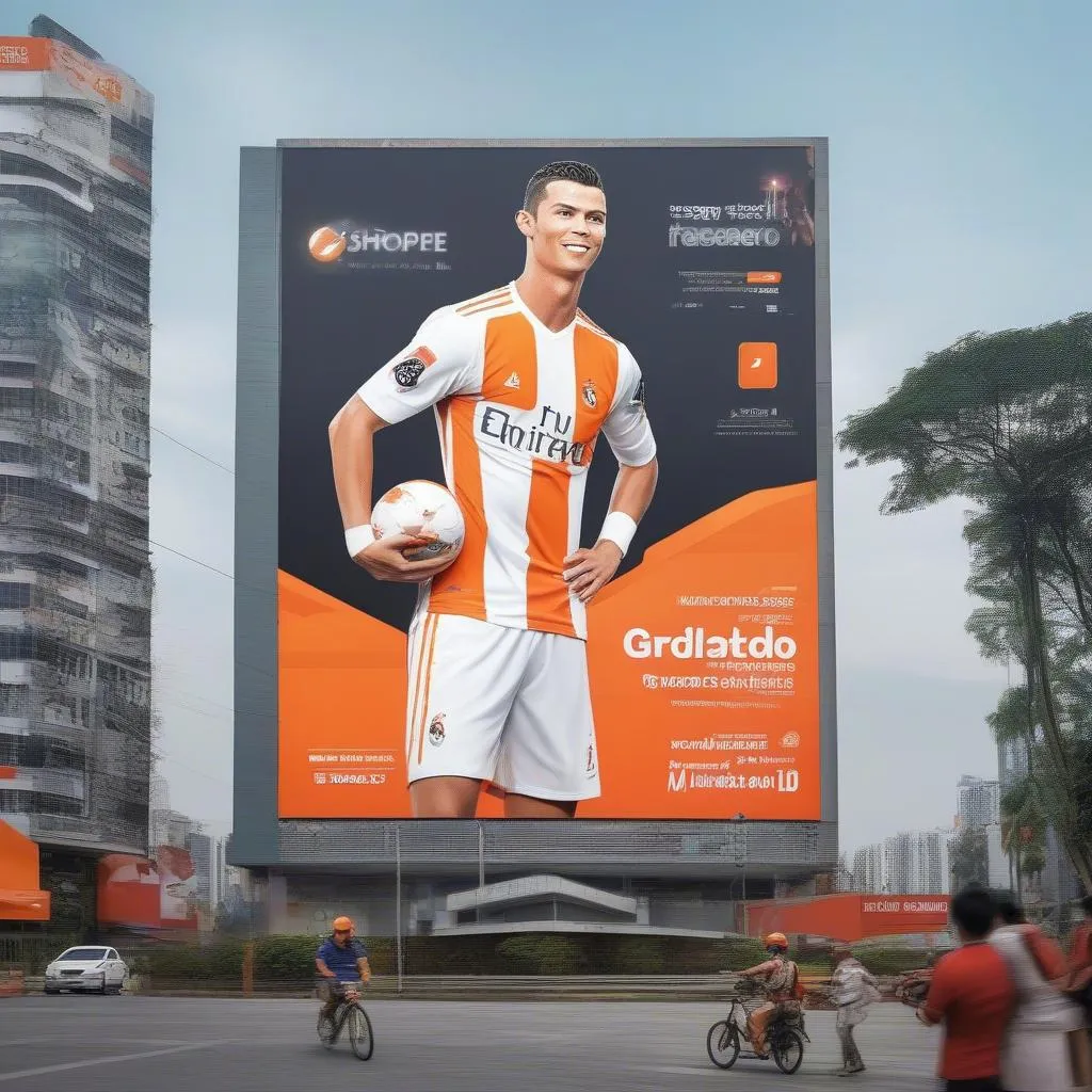 Ronaldo là gương mặt đại diện cho Shopee tại Việt Nam, hình ảnh của anh xuất hiện trên các biển quảng cáo, thu hút sự chú ý của người đi đường.