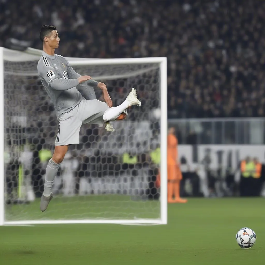 Cristiano Ronaldo thực hiện một cú sút phạt đẹp mắt trong trận đấu với Juventus