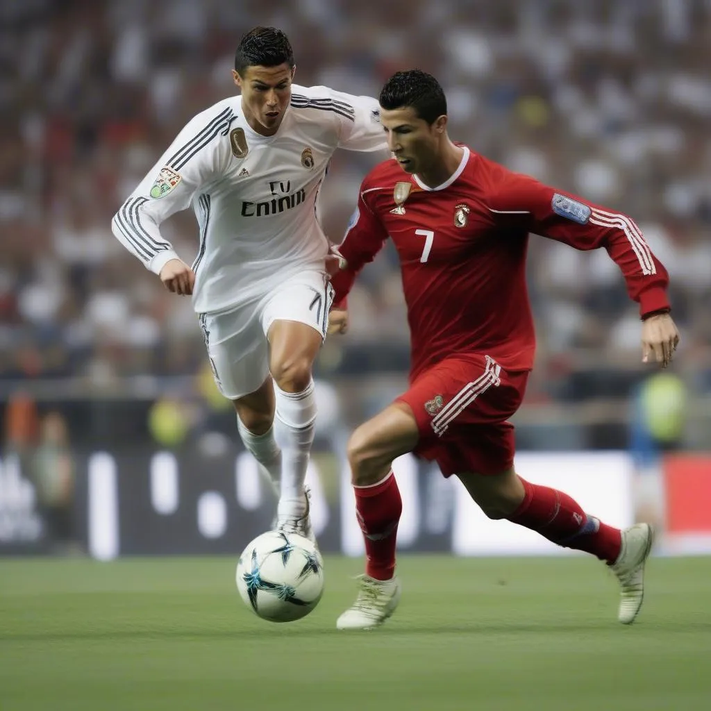 Cristiano Ronaldo, 35 tuổi, thể hiện kỹ thuật điêu luyện trong một pha rê bóng qua đối thủ