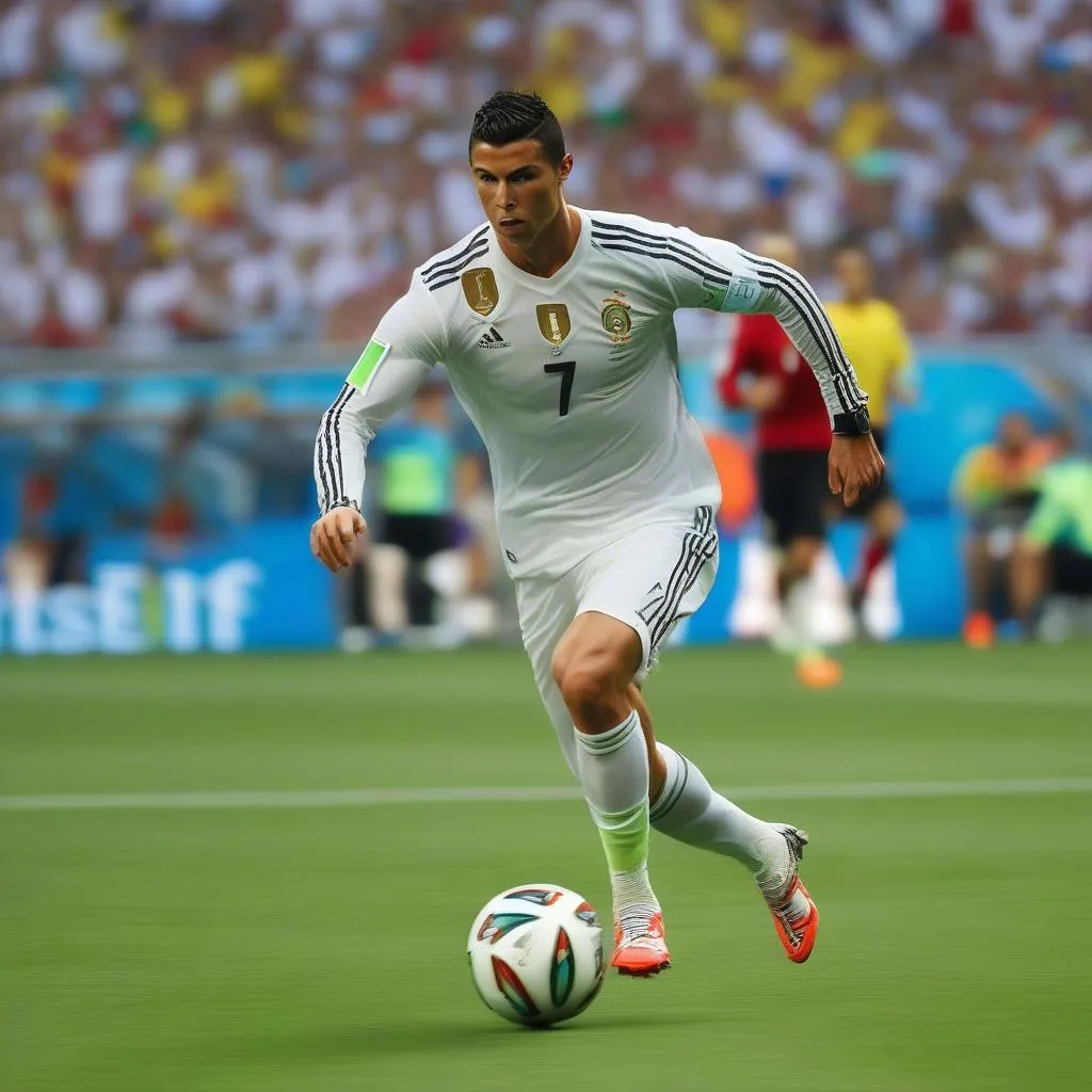 Ronaldo dribbling past defenders in the 2014 World Cup