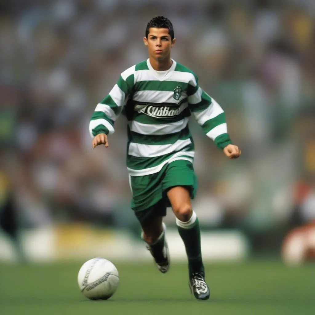 Ronaldo trong màu áo Sporting Lisbon - Hình ảnh thể hiện sự quyết tâm và tài năng của cầu thủ người Bồ Đào Nha