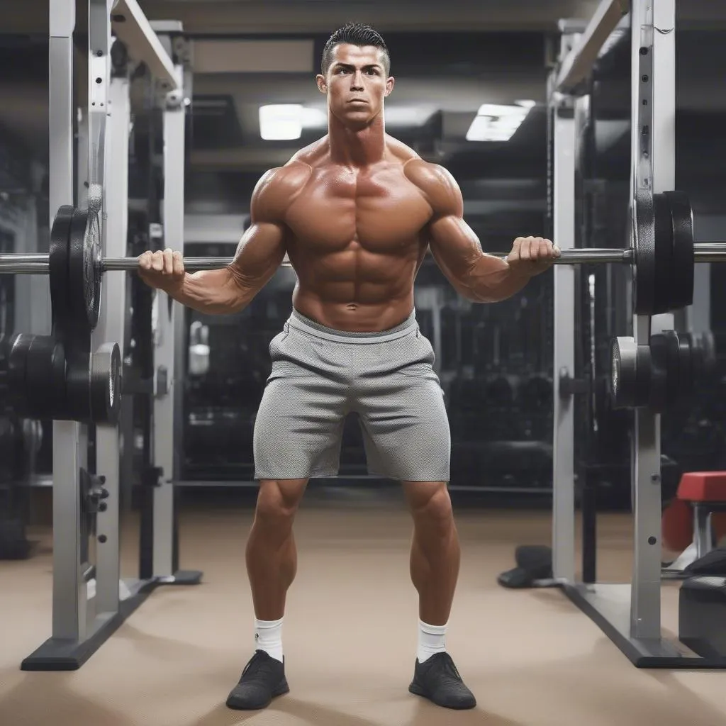 Ronaldo tập luyện thể lực với tạ, máy tập và các bài tập với trọng lượng cơ thể