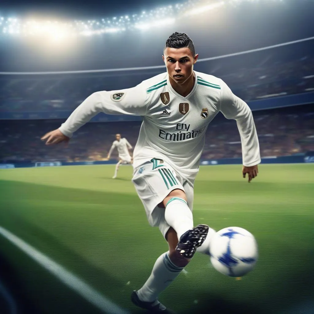 Ronaldo TOTY 19 in Action:  Ronaldo TOTY 19 is demonstrating his incredible speed and dribbling skills, leaving defenders in the dust as he races towards the goal.