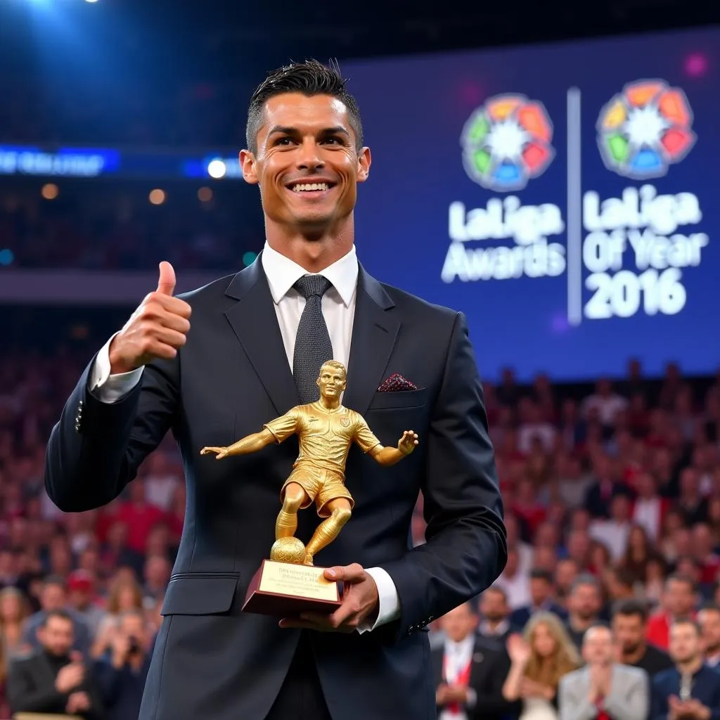 Ronaldo trên bục nhận giải Cầu Thủ Hay Nhất La Liga 2016