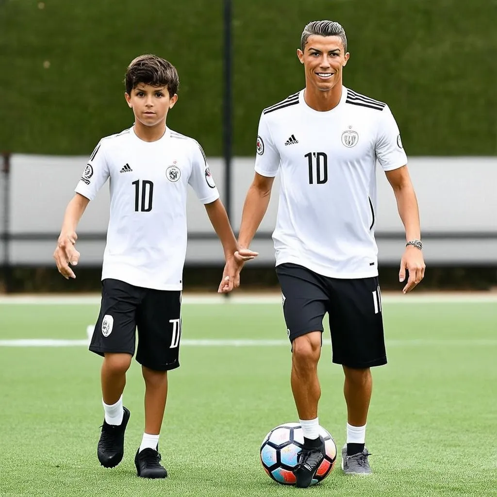 Ronaldo và con trai tập luyện