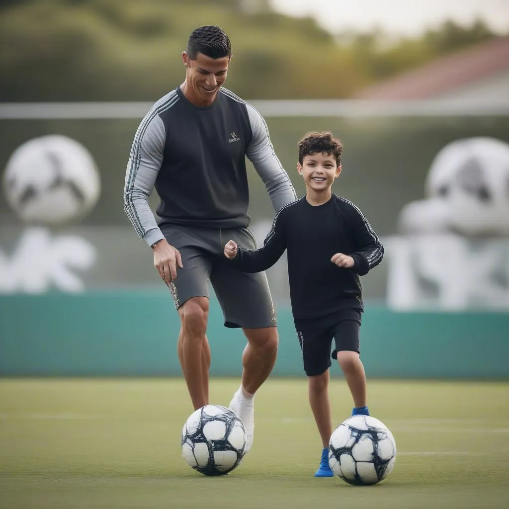 Ronaldo và con trai cùng tập luyện bóng đá