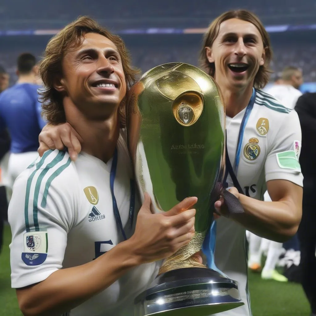 Ronaldo và Luka Modric cùng nâng cao chiếc cúp Champions League