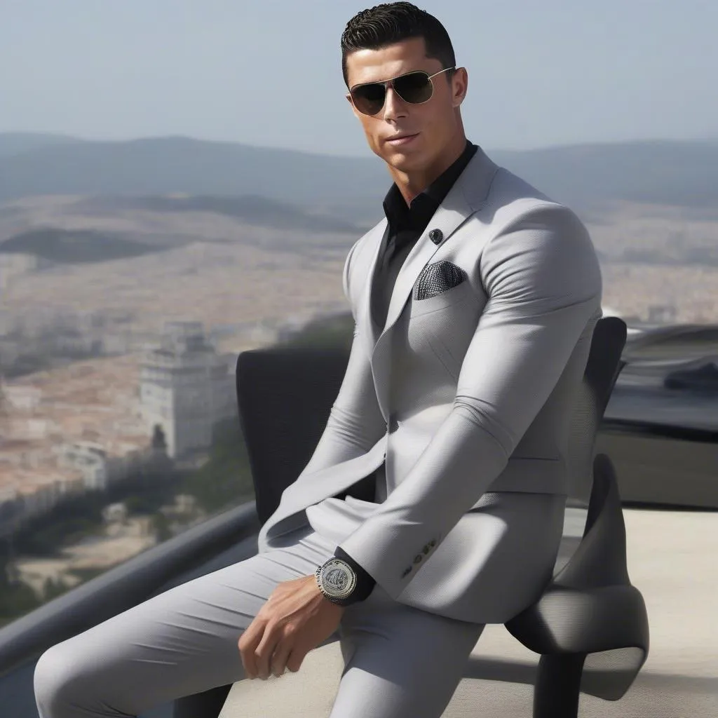 Ronaldo trong bộ vest lịch lãm, thể hiện sự sang trọng và tinh tế.