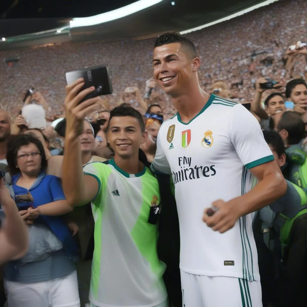 Ronaldo và người hâm mộ: Hình ảnh Ronaldo chụp ảnh cùng người hâm mộ sau trận đấu