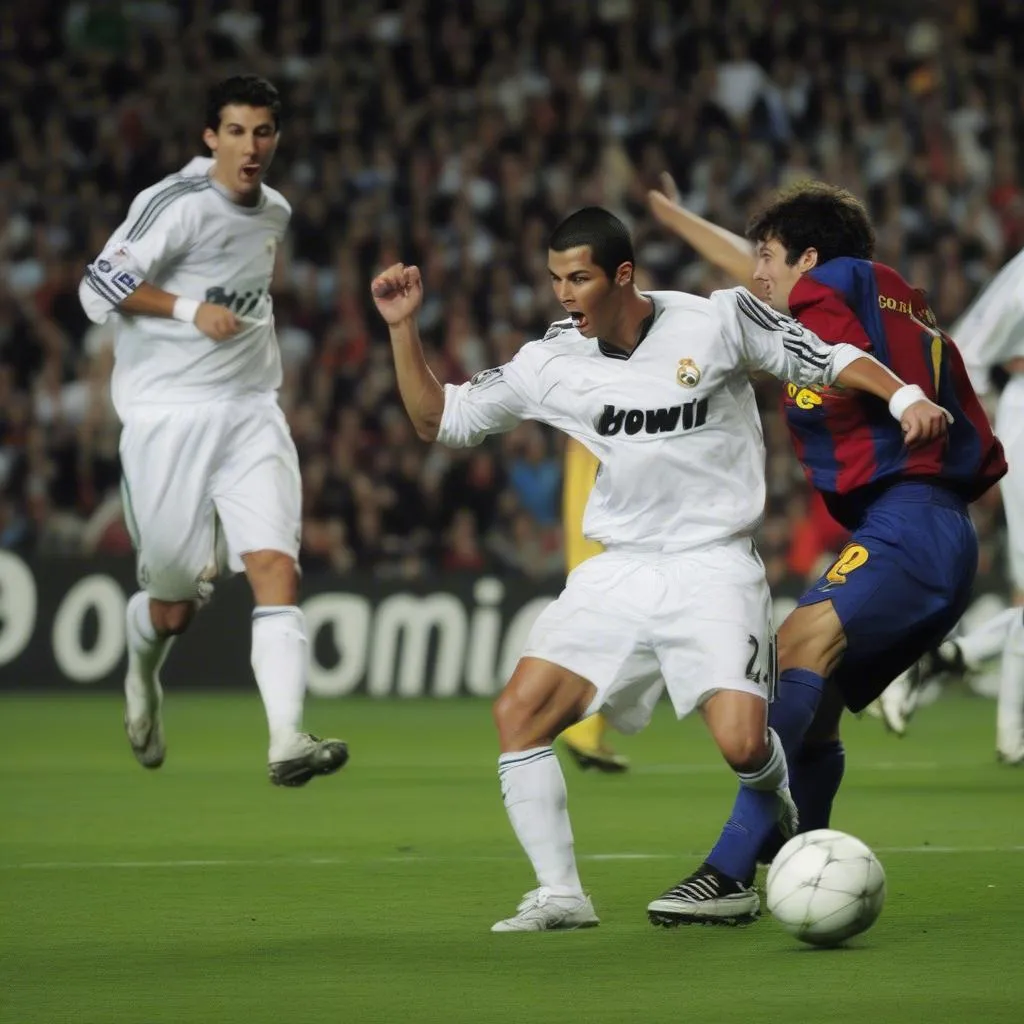 Ronaldo ghi bàn thắng đầu tiên vào lưới Barca trong trận đấu tại vòng bảng Champions League mùa giải 2007-2008.