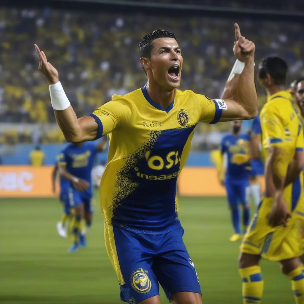 Cristiano Ronaldo celebrates scoring a goal for Al Nassr in a Saudi Pro League match