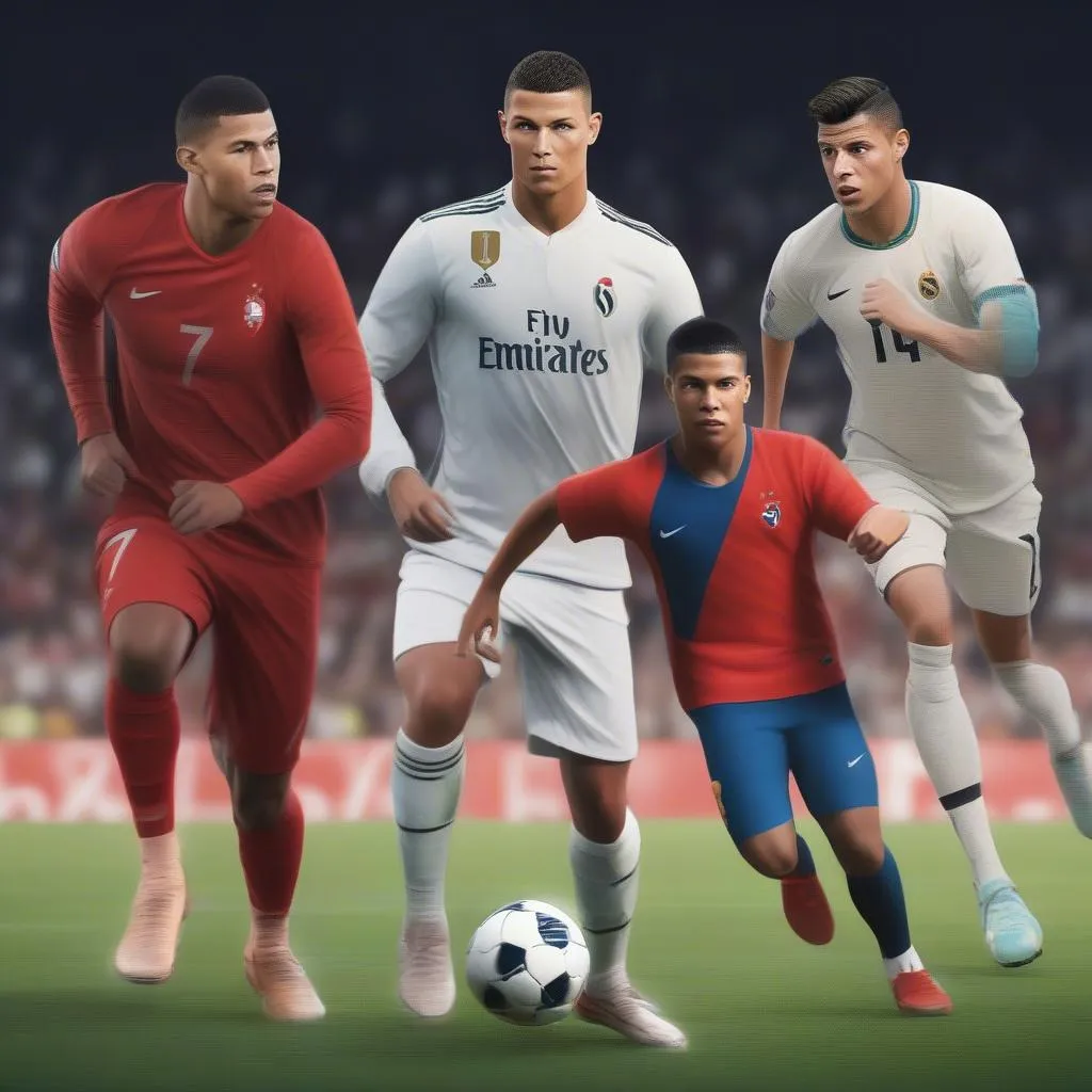 Cristiano Ronaldo, Kylian Mbappe, Erling Haaland, and Pedri in a football match