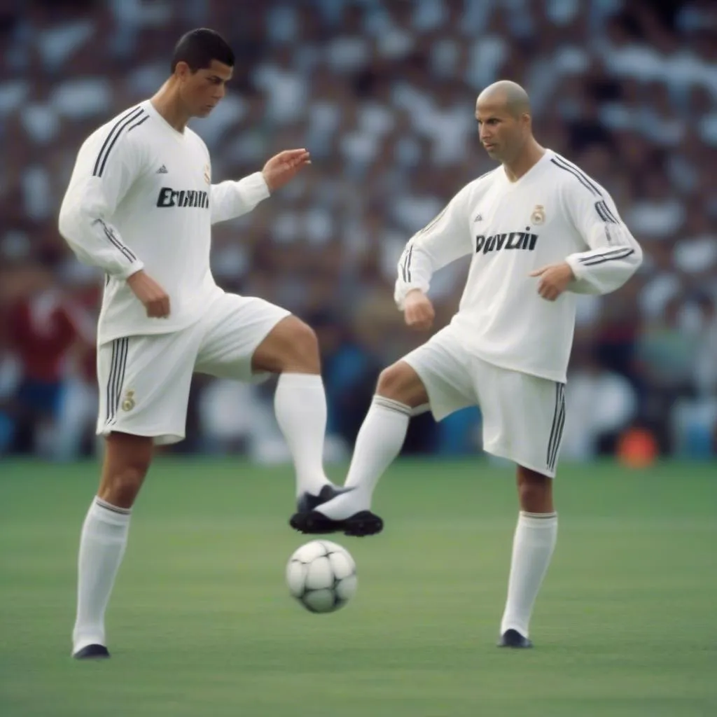 Cristiano Ronaldo and Zinedine Zidane, two legends of football, are renowned for their incredible free-kick skills.  This image showcases the powerful and accurate free-kicks of Ronaldo, in comparison to the more subtle yet deadly free-kicks of Zidane.