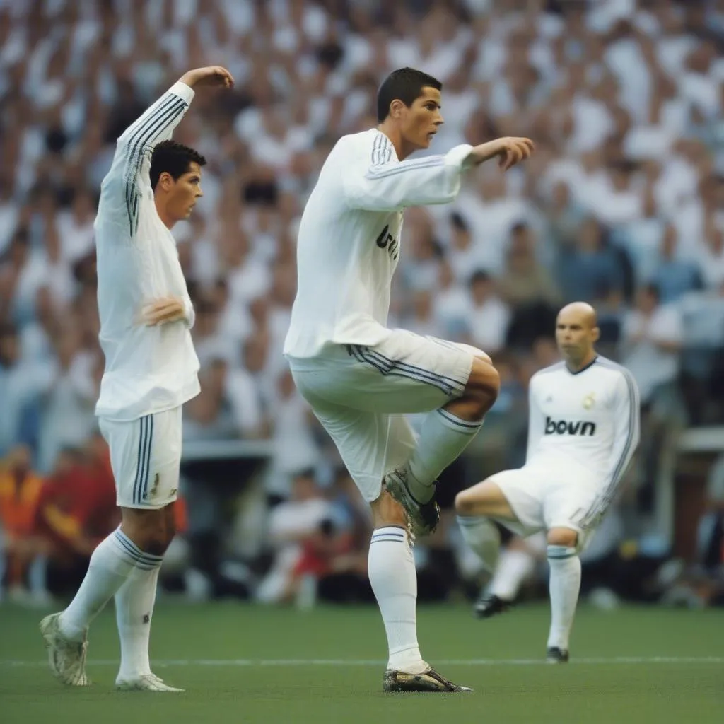 Ronaldo and Zidane both have unique styles when it comes to free-kicks. This image contrasts their free-kick techniques: Ronaldo often aims for the center of the goal with powerful, spinning shots, while Zidane favors more subtle free-kicks, with slight spin and pinpoint accuracy, often aimed towards the corners.  Their individual styles highlight the diverse ways to execute free-kicks effectively.